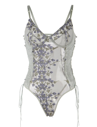 Women's One-Piece Floral Mesh Lace-Up Bodysuit