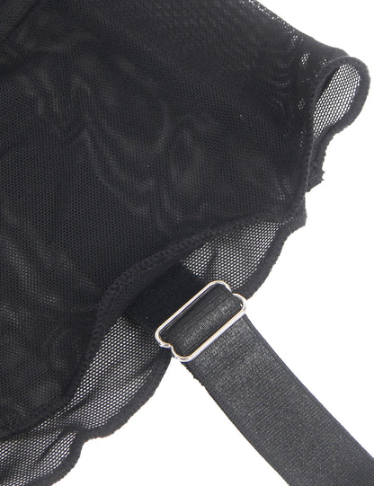 Women's Black Floral Lace Mid-Waist Sheer Mesh Garter with Metal Clips