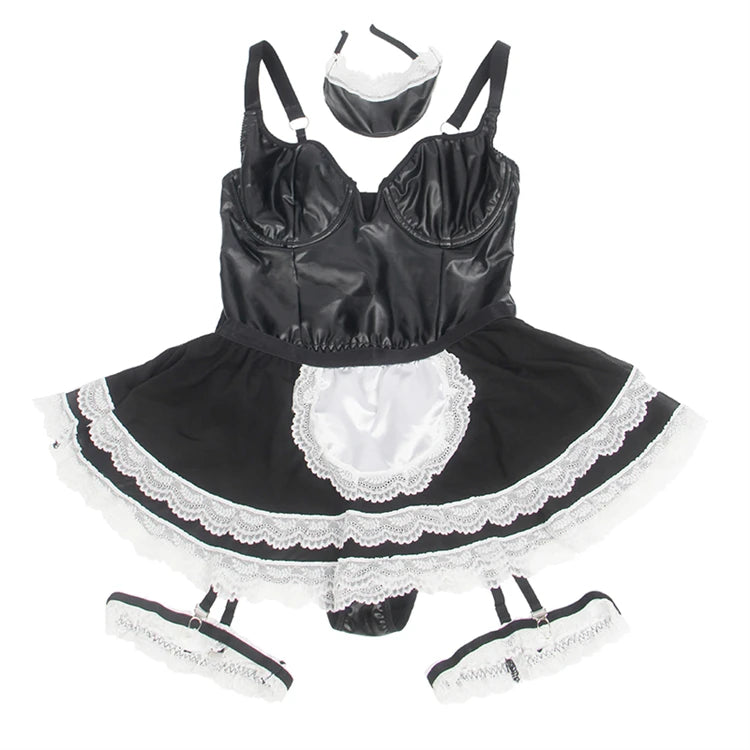 Women's Plus-Size Maid Costume: PU Leather Leotard with Suspenders
