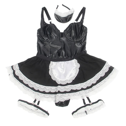 Women's Plus-Size Maid Costume: PU Leather Leotard with Suspenders