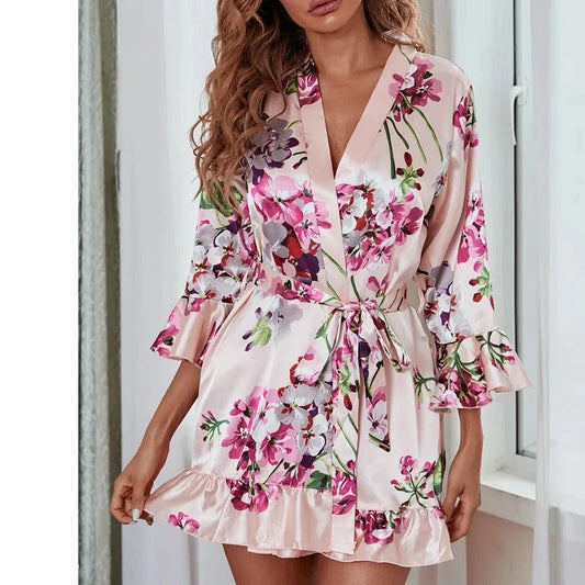 Women's Floral Print Bathrobe With Belt