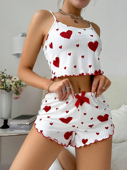 Heart Print Camisole With Shorts Pajama Set