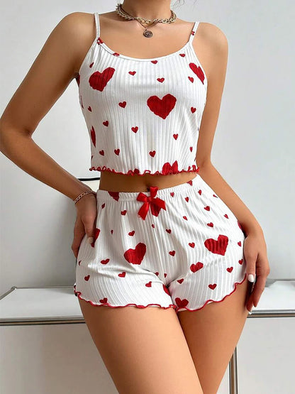 Heart Print Camisole With Shorts Pajama Set