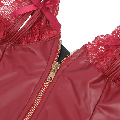 Women's One-Piece PU Leather Bodysuit with Zipper and V-Neck Design