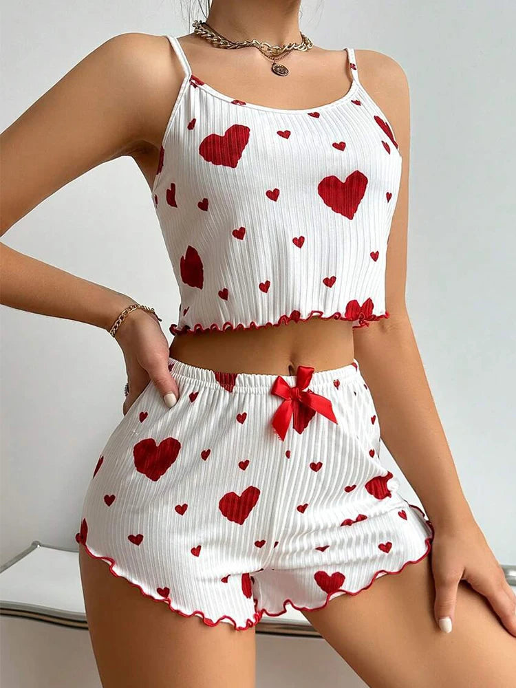 Heart Print Camisole With Shorts Pajama Set